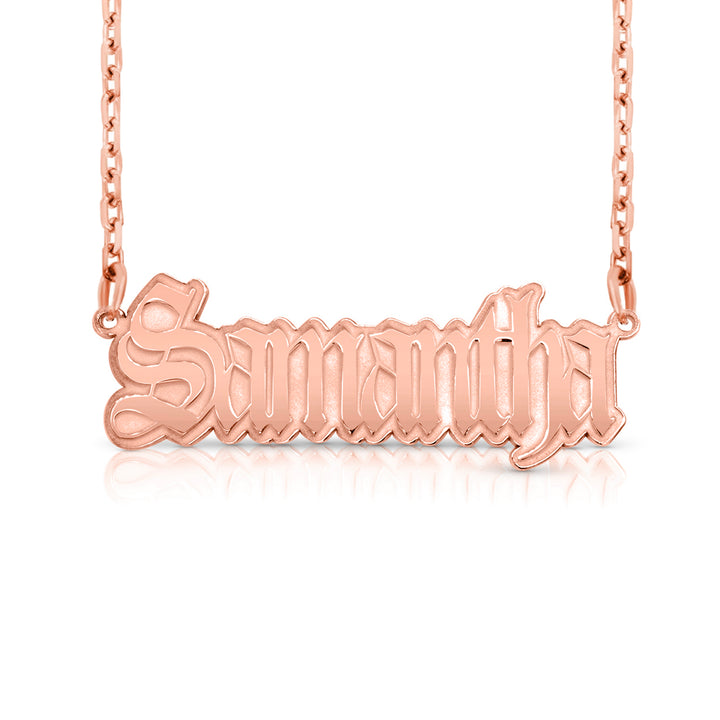 A sample of the nameplate with the name Samantha in Rose Gold