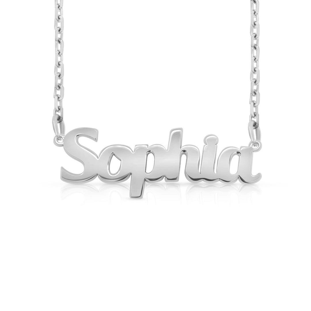 A sample of the nameplate with the name Sophia in White Gold