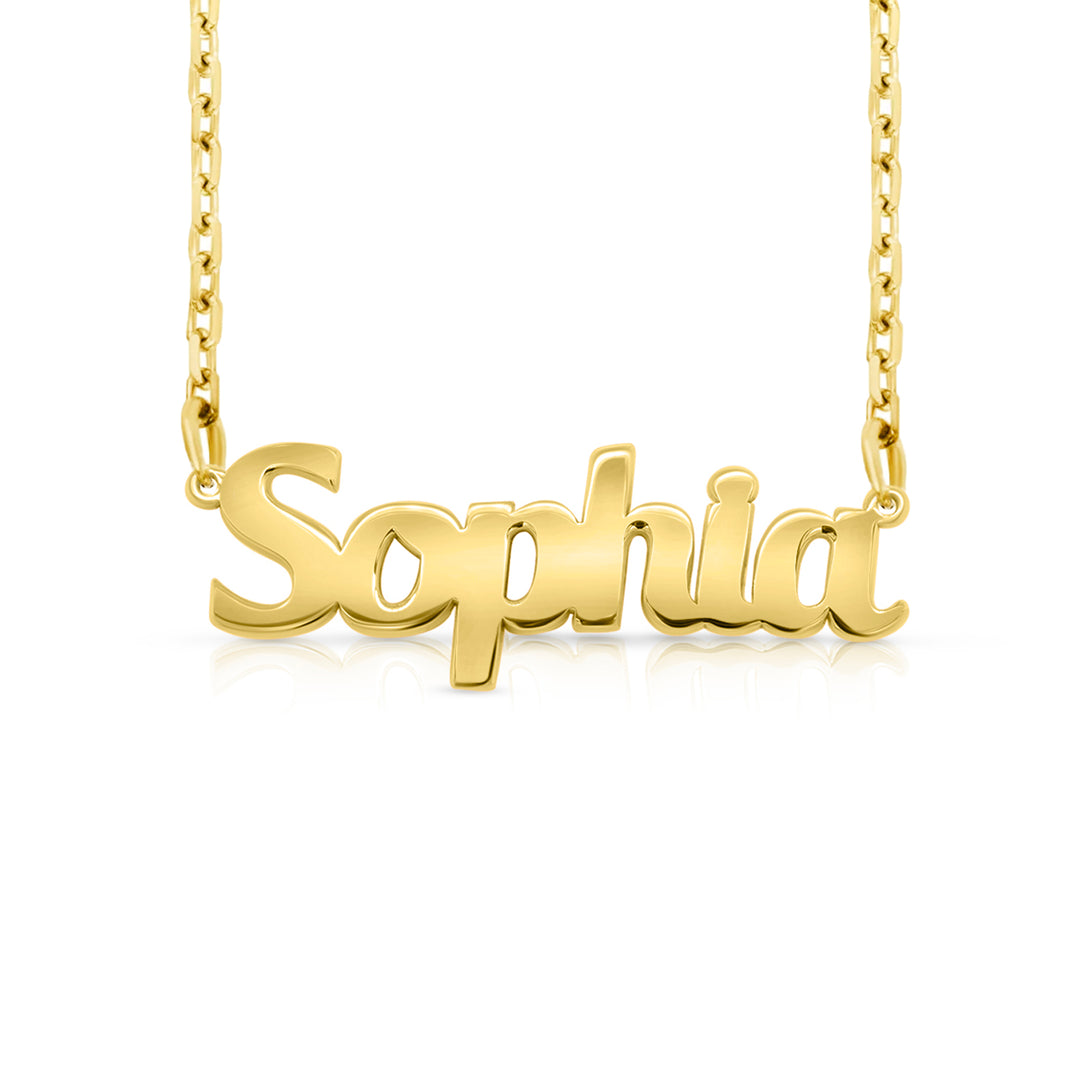 A sample of the nameplate with the name Sophia in Yellow Gold