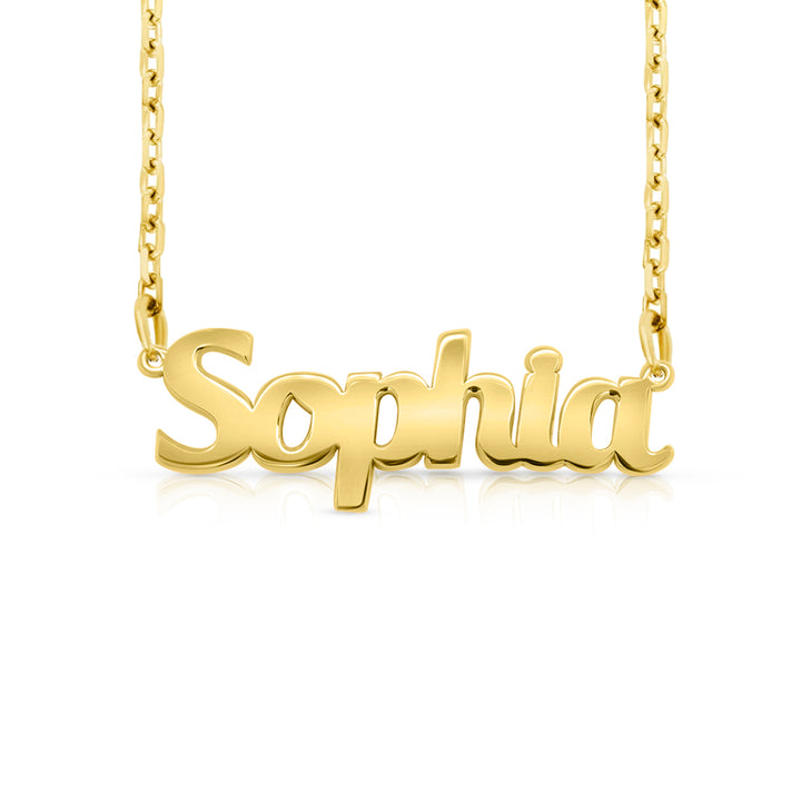 A sample of the nameplate with the name Sophia in Yellow Gold