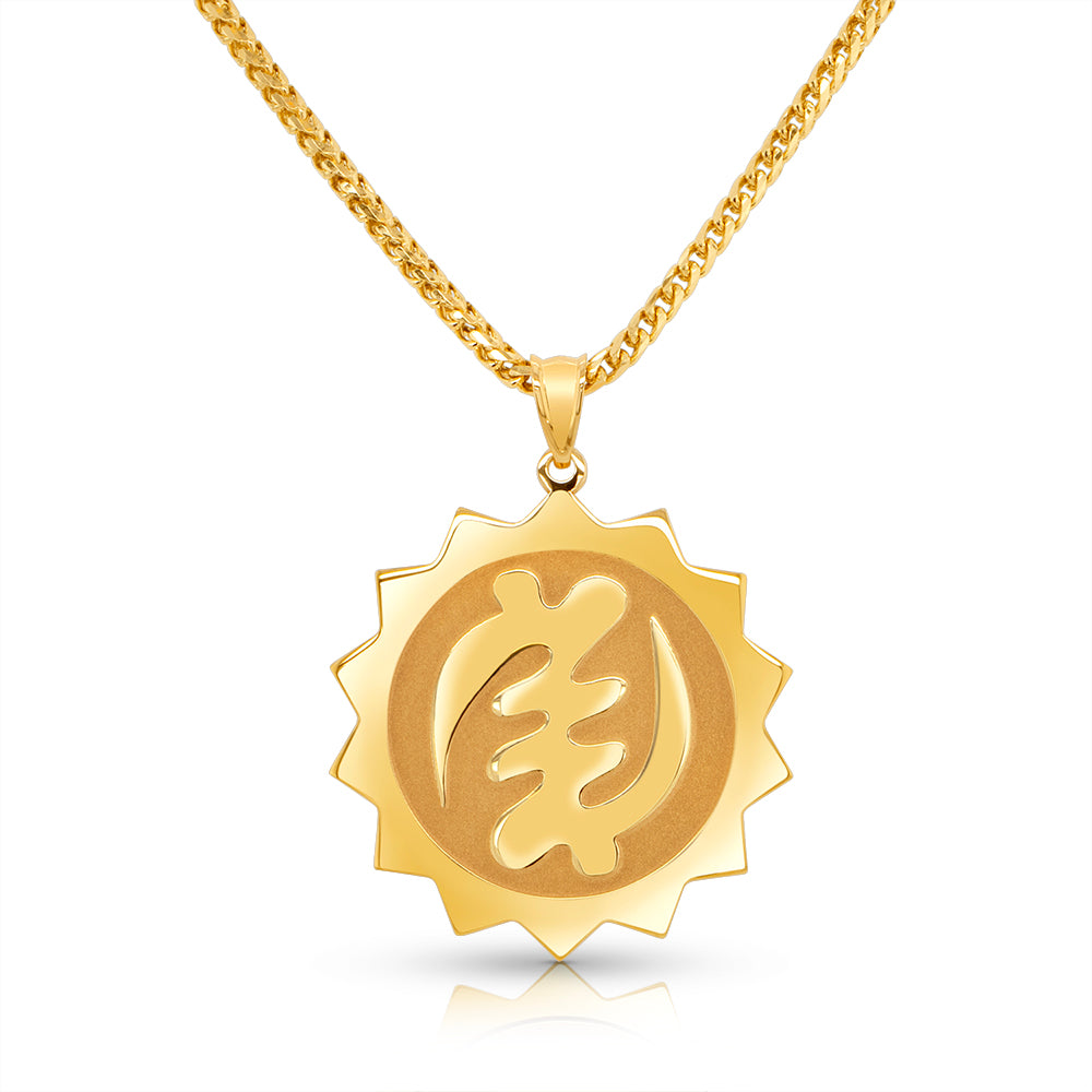 A finished image of the 14 Karat Custom Sun Pendant with the "Nyame Ye Ohene" symbol in the center