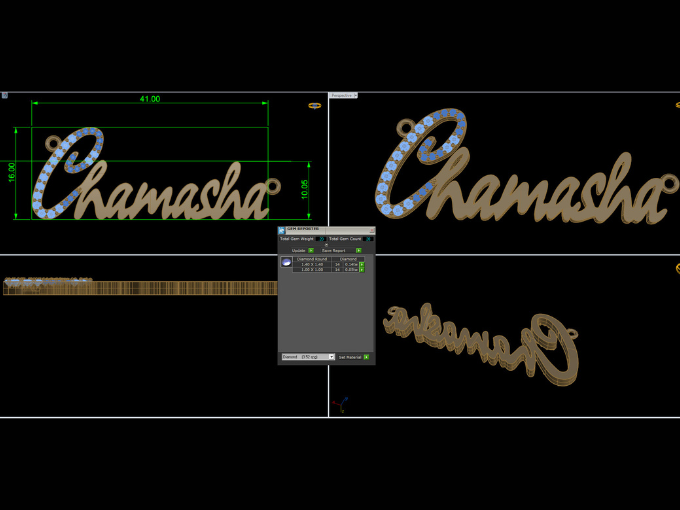 A image showing a Computed Aided Design (CAD) of a name necklace with stones in the first initial