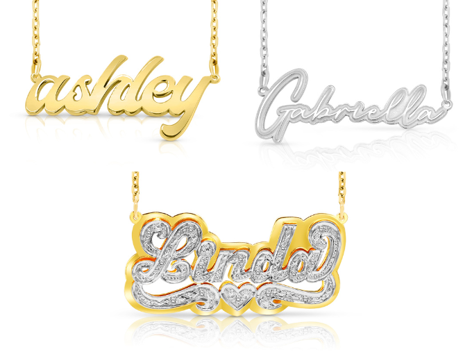 A picture with some of the name necklace styles we offer