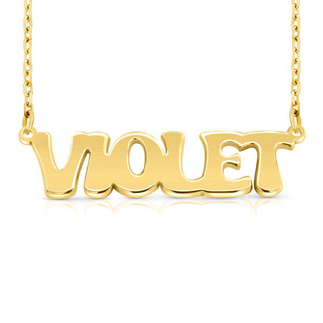 A sample of the nameplate with the name Violet in Yellow Gold