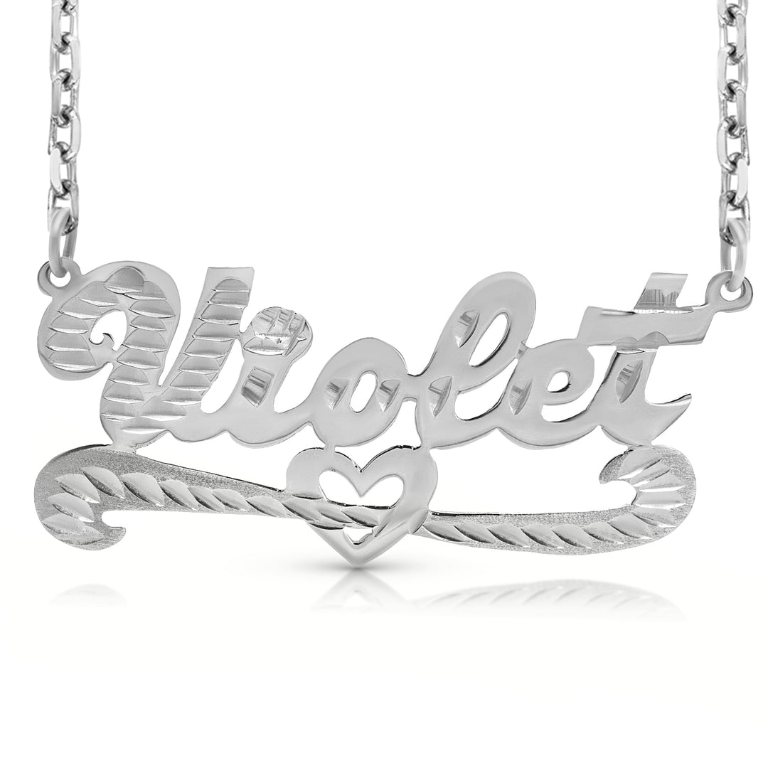 A Sample of the Sterling Silver Diamond Cut Name Necklace with Strikethrough Heart with the name Violet in White