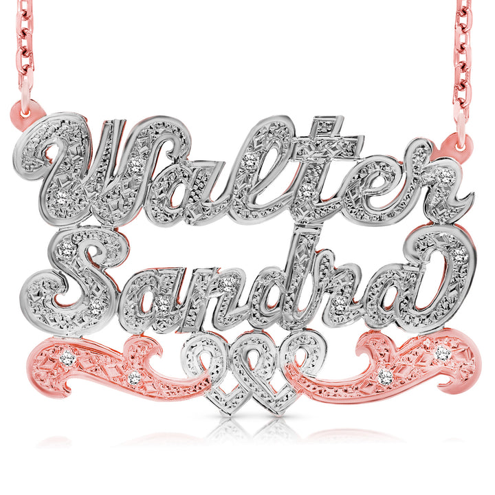 A Sample of the 14 Karat Two Name 3D Name Necklace with Intertwined Hearts with the names Walter and Sandra in Rose