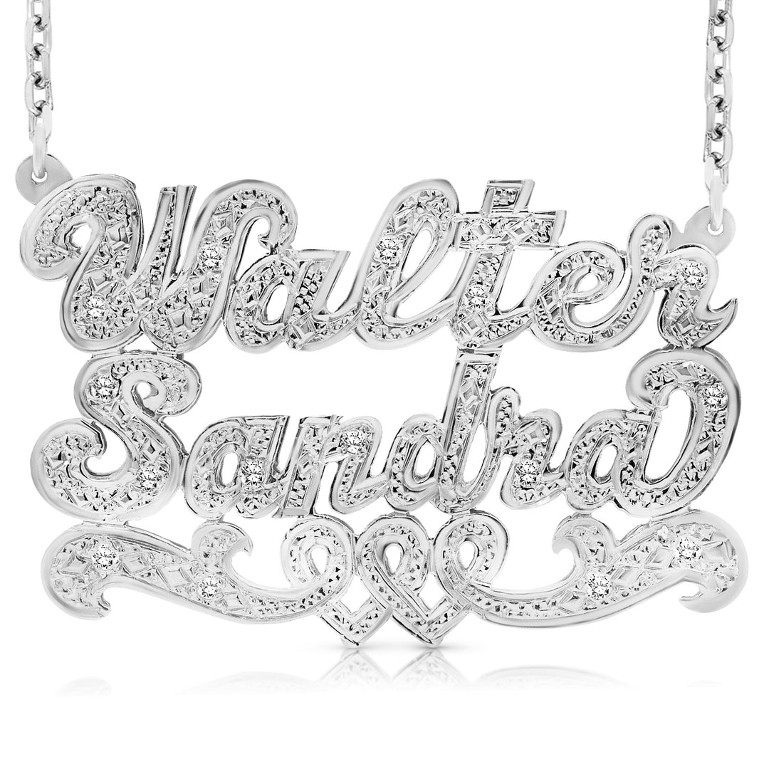 A Sample of the Sterling Silver Two Name 3D Name Necklace with Intertwined Hearts with the names Walter and Sandra in White