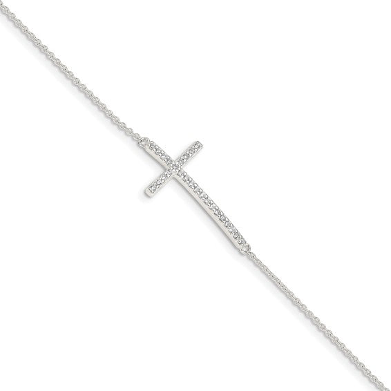 Sterling Silver Cross 7 inch Bracelet with Cubic Zirconia