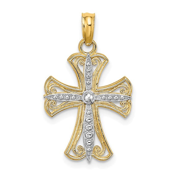 14 Karat 2 Tone Gold Small Textured Cross Charm Pendant