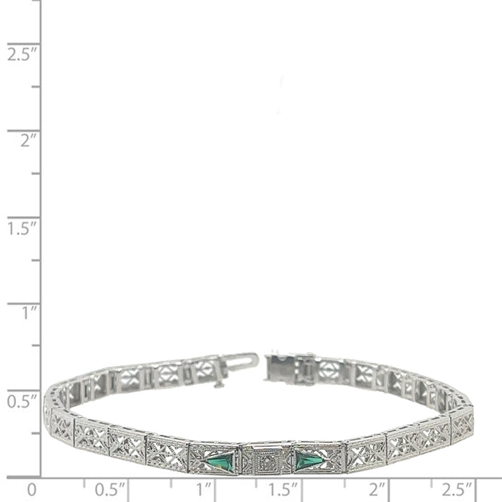 14 Karat White Gold Diamond and Emerald Vintage Bracelet