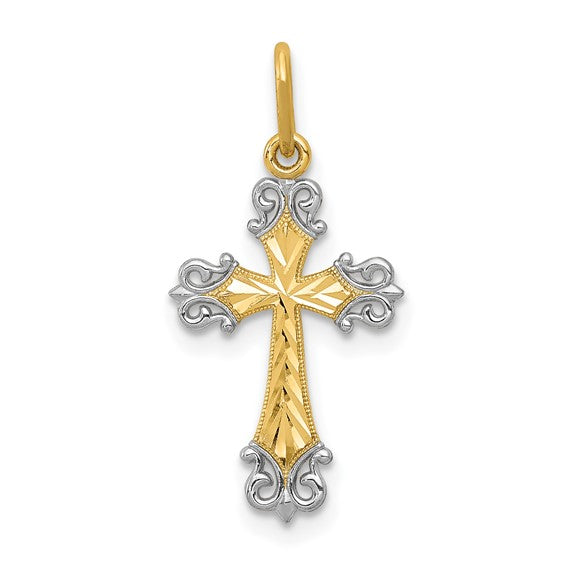 14 Karat 2 Tone Gold Small Diamond Cut Cross Charm Pendant