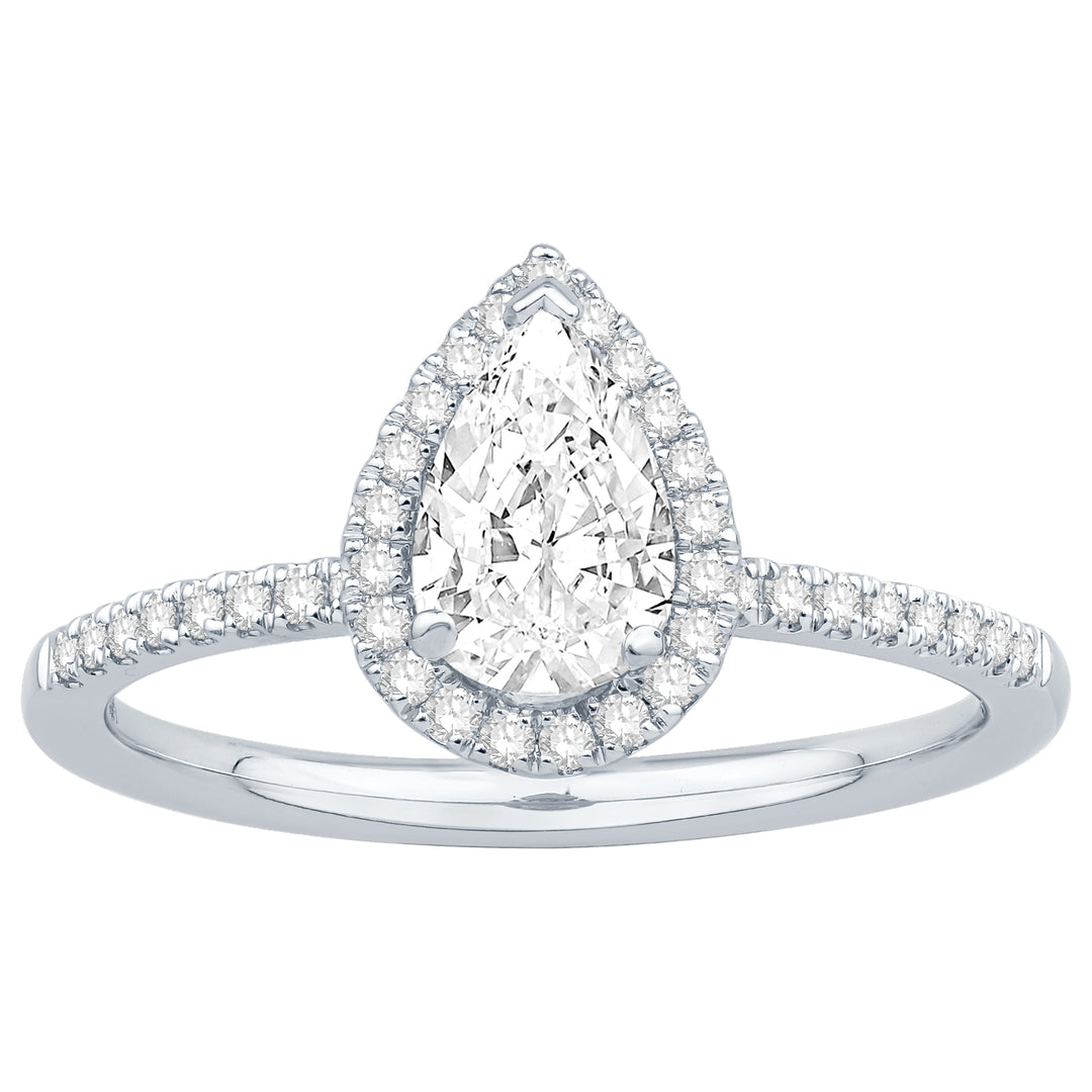 A White Gold Diamond Engagement Ring with a Pear Shaped Center stone in a Halo Setting