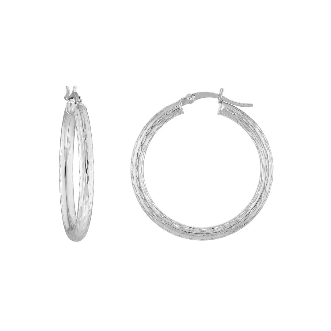 14 Karat White Gold Diamond Cut Medium Hoop Earrings