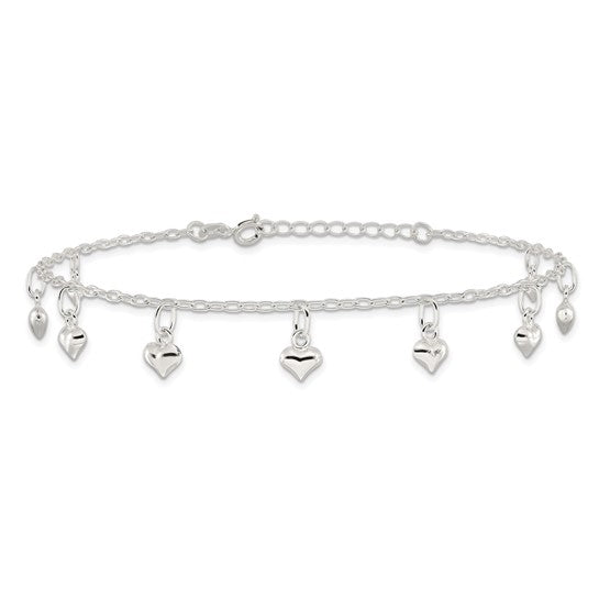 Sterling Silver Heart 10 inch Ankle Bracelet