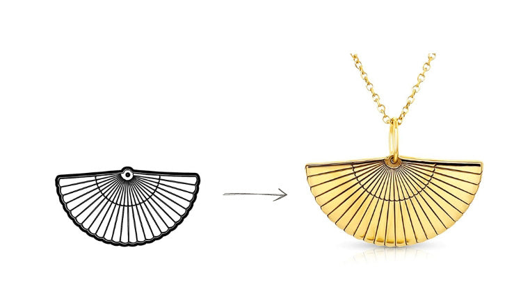 Yellow gold necklace with hand fan shaped pendant on a white background