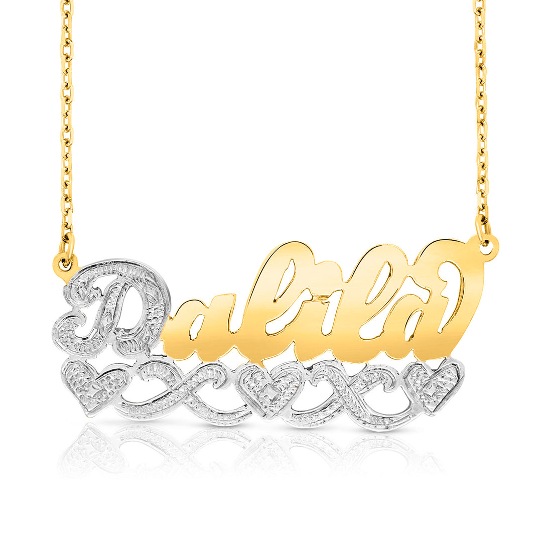 A Sample of the 14 Karat Name Necklace with Three Hearts with the name Dalila in Yellow