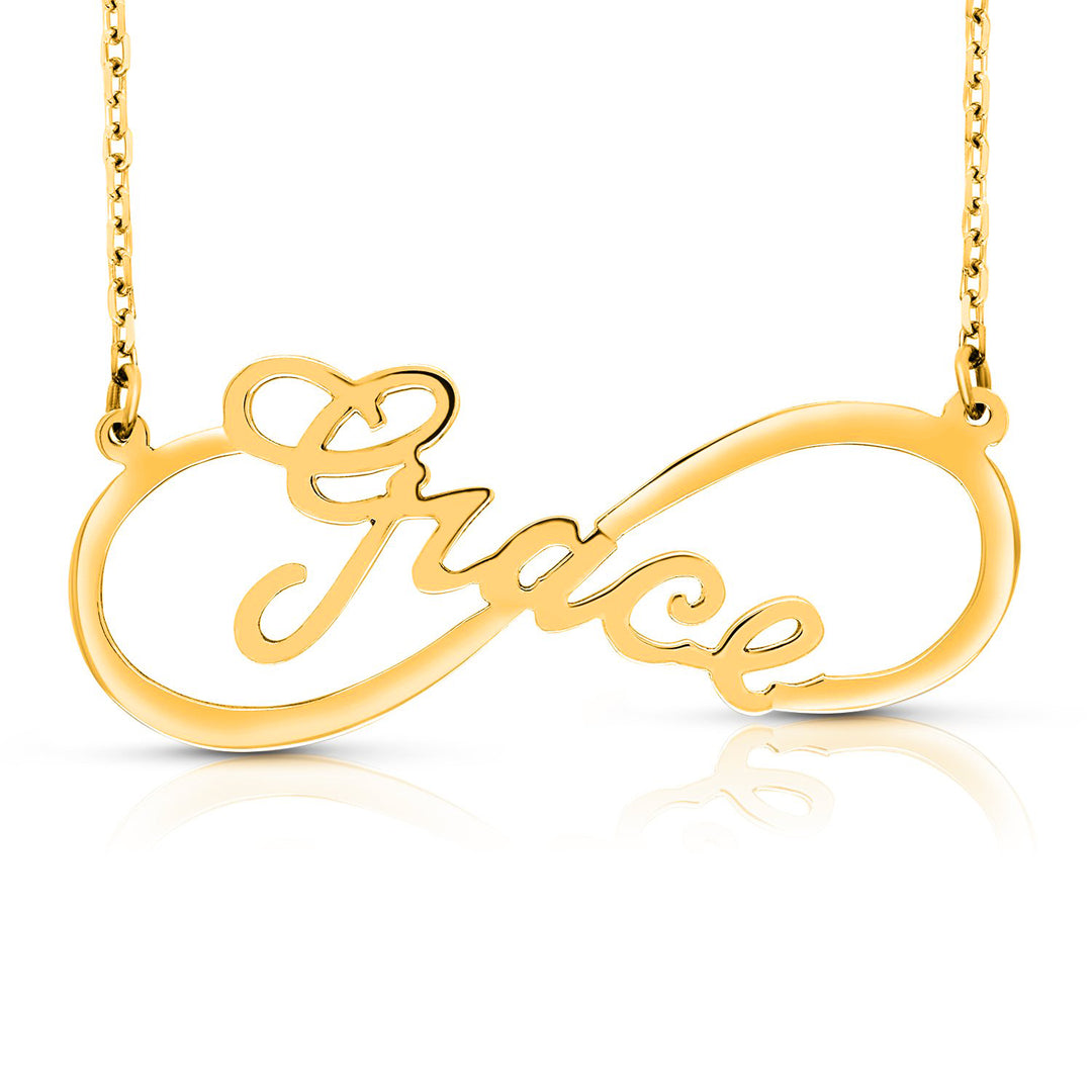 A Sample of the Infinity Style Name Necklace with the name Grace in Yellow