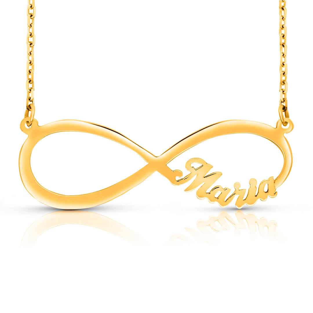 A Sample of the 14 Karat Infinity Name Necklace with the name Maria in Yellow