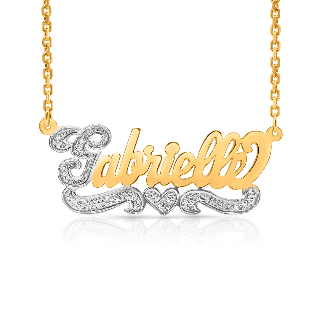 A Sample of the 14 Karat Bold Script Name Necklace with One Heart with the name Gabrielle in Yellow