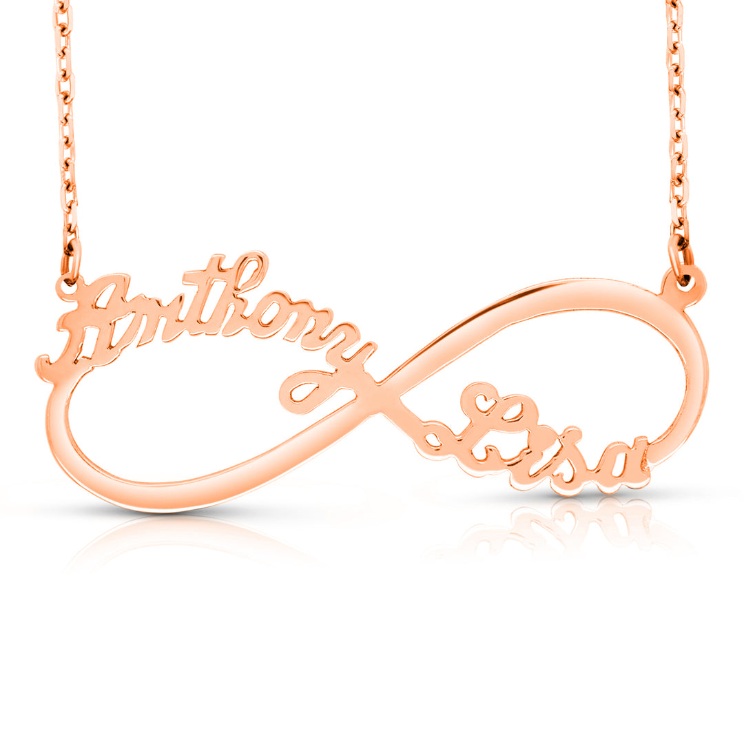 A Sample of the Two Name Infinity Name Necklace with the names Anthony and Lisa in Rose