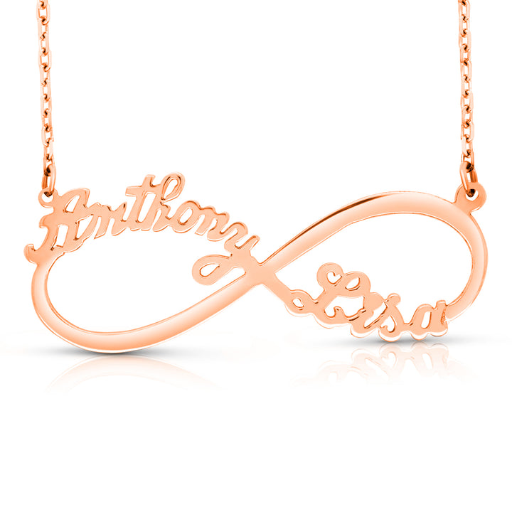 A Sample of the Two Name Infinity Name Necklace with the names Anthony and Lisa in Rose