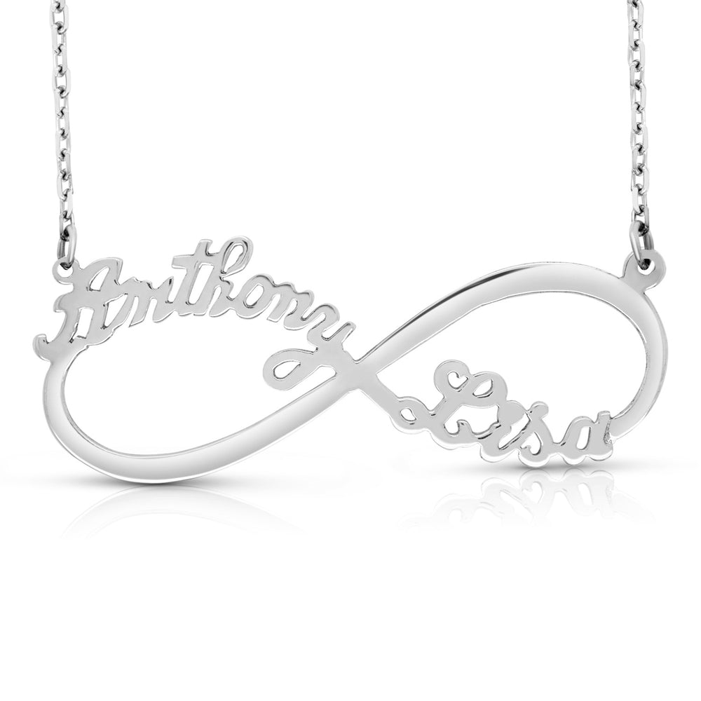 A Sample of the Two Name Infinity Name Necklace with the names Anthony and Lisa in White