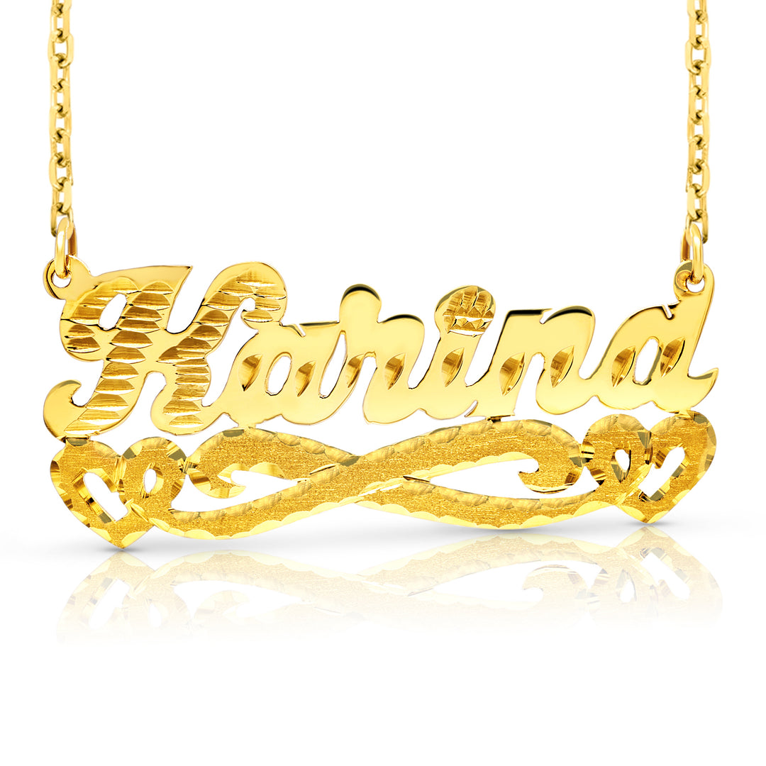 A Sample of the Diamond Cut & Florentine Name Necklace with Hearts with the name Karina in Yellow