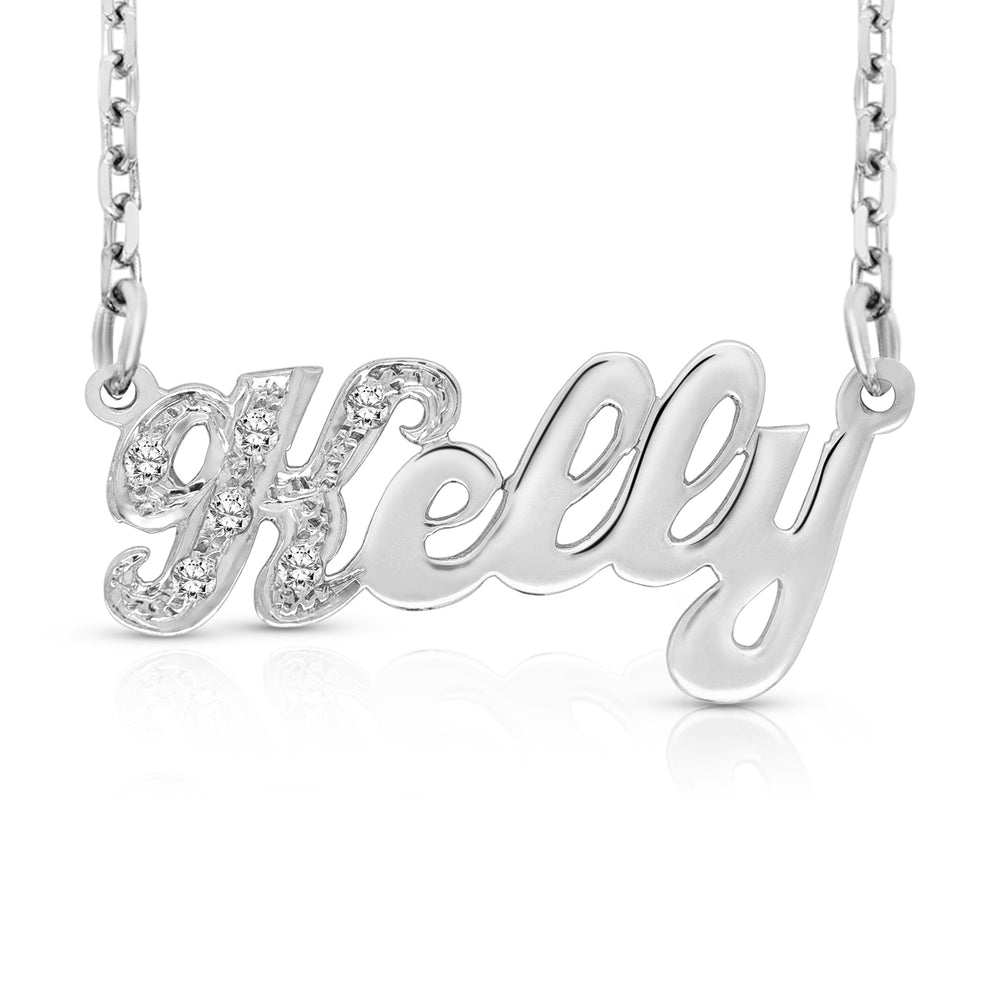 A Sample of the 14 Karat Small Name Necklace with the name Kelly in White