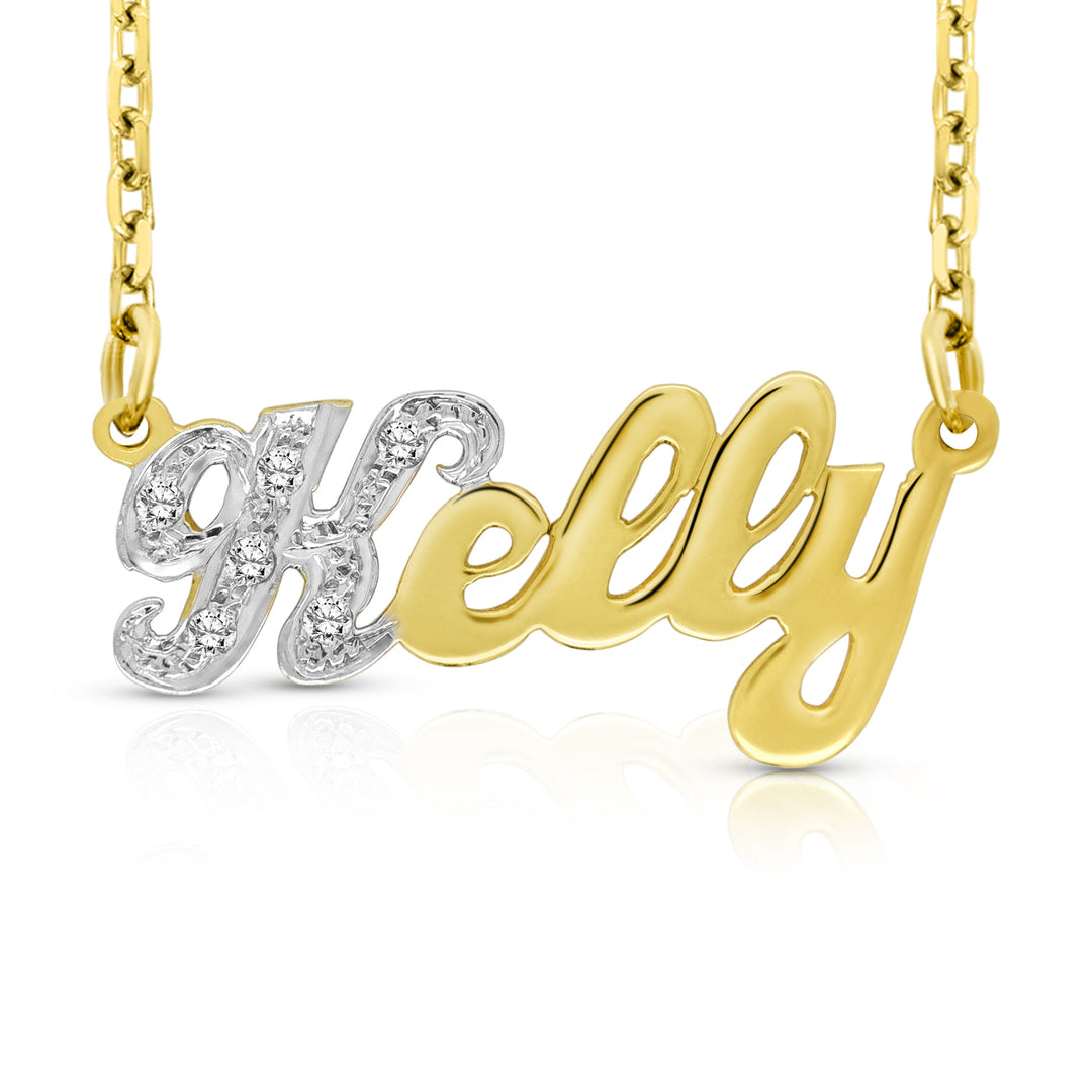 A Sample of the 14 Karat Small Name Necklace with the name Kelly in Yellow