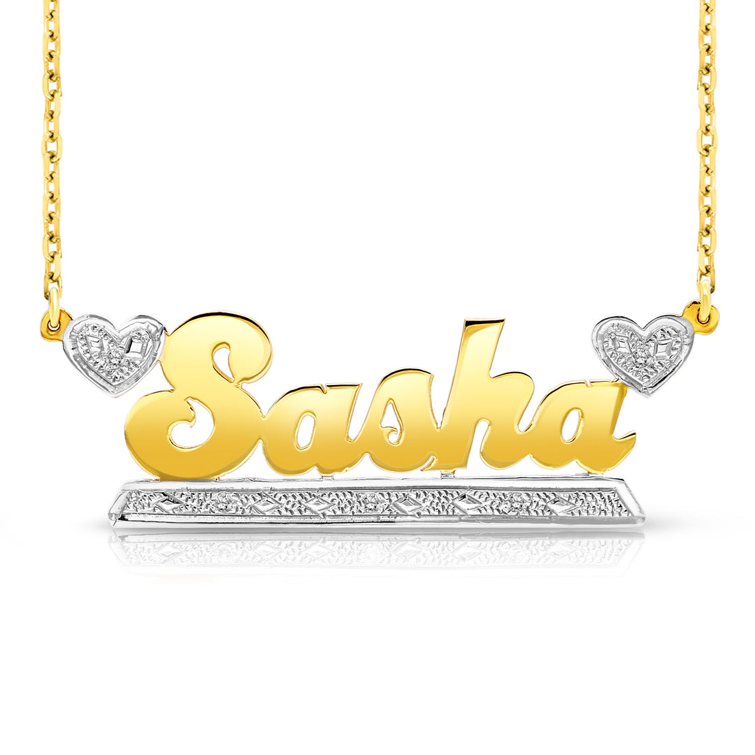 A Sample of the 14 Karat Bold Name Necklace with Two Hearts with the name Sasha in Yellow