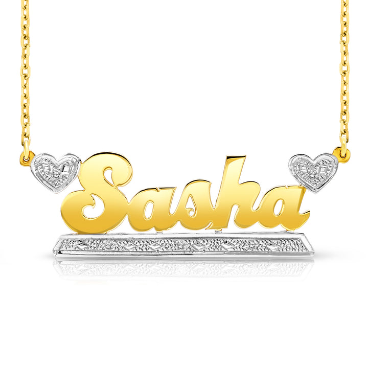 A Sample of the 14 Karat Bold Name Necklace with Two Hearts with the name Sasha in Yellow