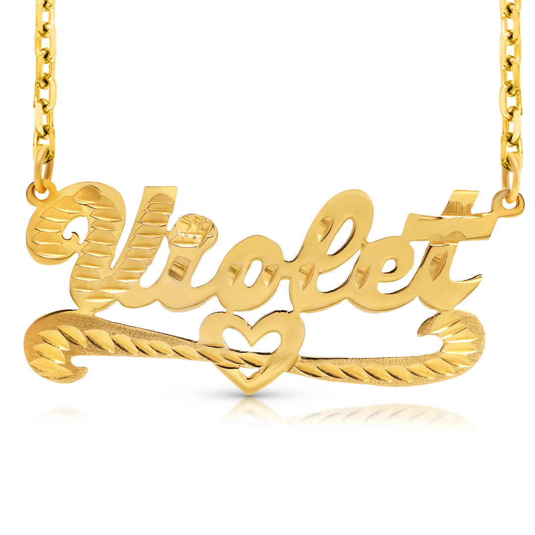 A Sample of the 14 Karat Diamond Cut Name Necklace with Strikethrough Heart with the name Violet in Yellow