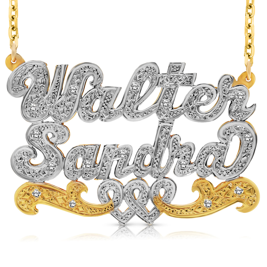 A Sample of the 14 Karat Two Name 3D Name Necklace with Intertwined Hearts with the names Walter and Sandra in Yellow